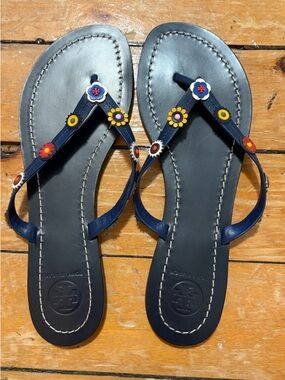 Tory Burch Navy Leather Floral Applique Thong Sandals